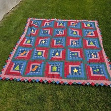 Handmade Christmas Patchwork Quilt Log Cabin Reindeer Star Sawtooth Edge 84x84