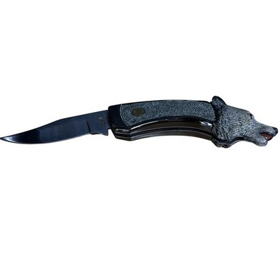 Franklin Mint Wolf Head Folding Pocket Knife Gray Handle Wildlife Art Collector