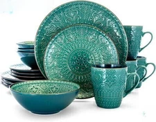 Round Stoneware Embossed Dinnerware Dish Set, 16 Piece, Ocean Teal and Green