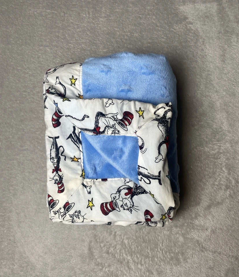Trend Lab Dr Seuss Cat In The Hat Baby Blanket Blue Stars Minky Print Trim Lovey - Image 2 of 3