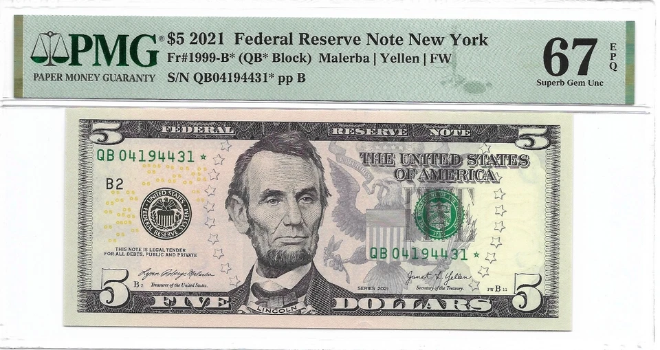 2021 $5 NEW YORK * STAR * ⭐️ FRN. PMG SUPERB GEM Uncirculated 67 EPQ Banknote. - Image 2 of 3