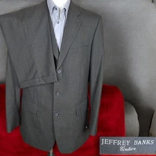 Jeffrey Banks 2 Piece Suit Men 42L 34X33 Gray 3 Button Ventless Wool