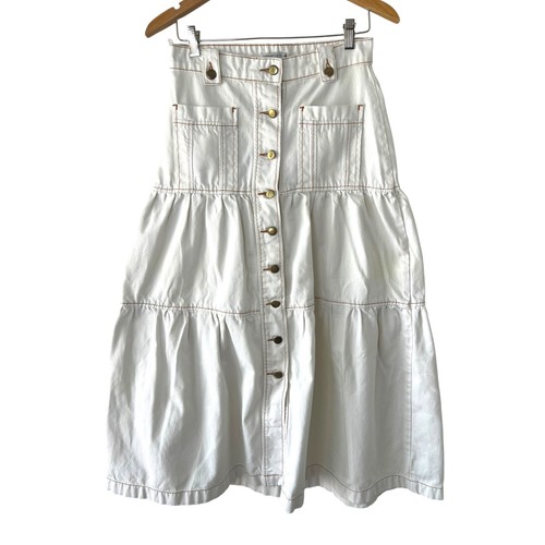 Mais Um Fashion White Denim Tiered Midi Skirt Button Front Contrast Stitch 36 S