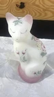 Fenton White Opal Satin Glass Cat Figurine Hand Painted Signed Lavender Roses
