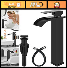 Waterfall Vessel Sink Faucet - Tall Single Handle Bathroom Mixer Tap, Matte Blac