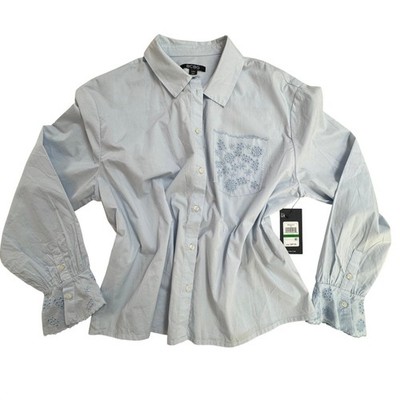 BCBG Button-up Blouse Size Large Light Blue Eyelet Embroidered New with tags