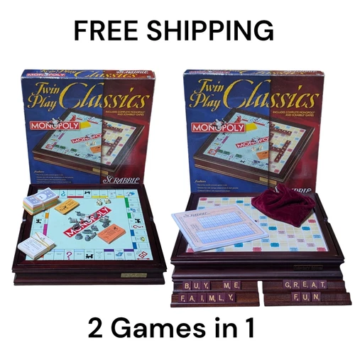 Hasbro Scrabble Monopoly Twin Play Classics Game Wooden Box 100% Complete Vtg