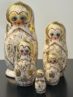 Russian Matryoshka Nesting Dolls 7.5   Burned Wood Inlaid Gold Hand Made 5 Piece