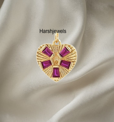 14k Solid Gold Fluted Heart Pink Sapphire Charm Pendant