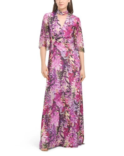 LAUNDRY Pink Lavender Floral Flutter Sleeve Gown With Keyhole, Size 8, NEW W TAG