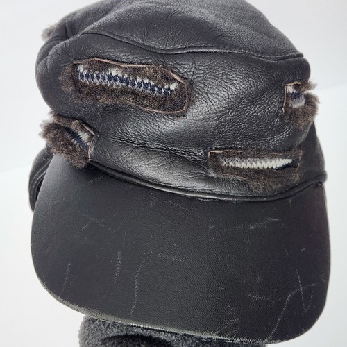 OVERLAND Trapper Hat Mens Medium Black Real Shearling Sheepskin Fur Lined - Picture 2 of 15