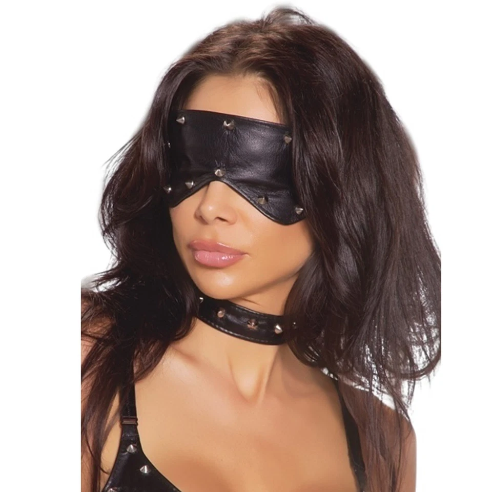 Leather Blindfold Spiked Studs Adjustable Elastic Strap Sleep Mask L9257 - Image 4 of 4