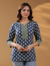 Women Ethnic Motifs Printed Notch Neck Pure Cotton Blue Top