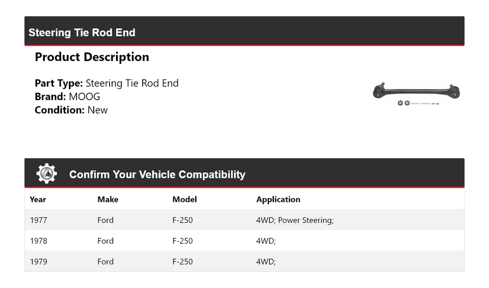 Para Ford F-250 1977-1979 4x4 extremo de barra de dirección MOOG 1977 1978 1979 Foto 2 de 4