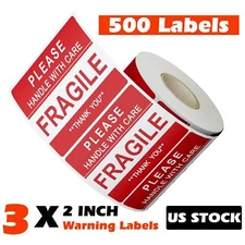 1 Roll 500 2 x 3 FRAGILE HANDLE WITH CARE Stickers Labels, Easy Peel and Apply