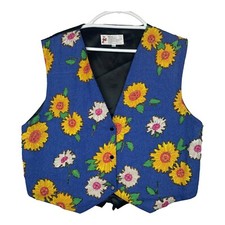 Vtg Jc 001 Usa Womens Xl Blue Yellow Beaded Sunflower Vest Floral Country