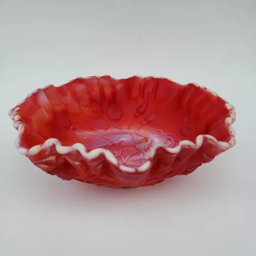 Vintage Imperial Glass Bowl End Of Day Slag Embossed Roses Red White Yellow 8.5"