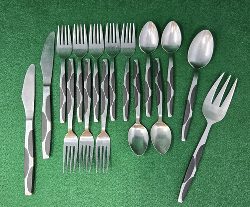 UNF1200 Forks Spoons Knife Serving Flatware BLACK INSETS Half Circles Vtg Japan