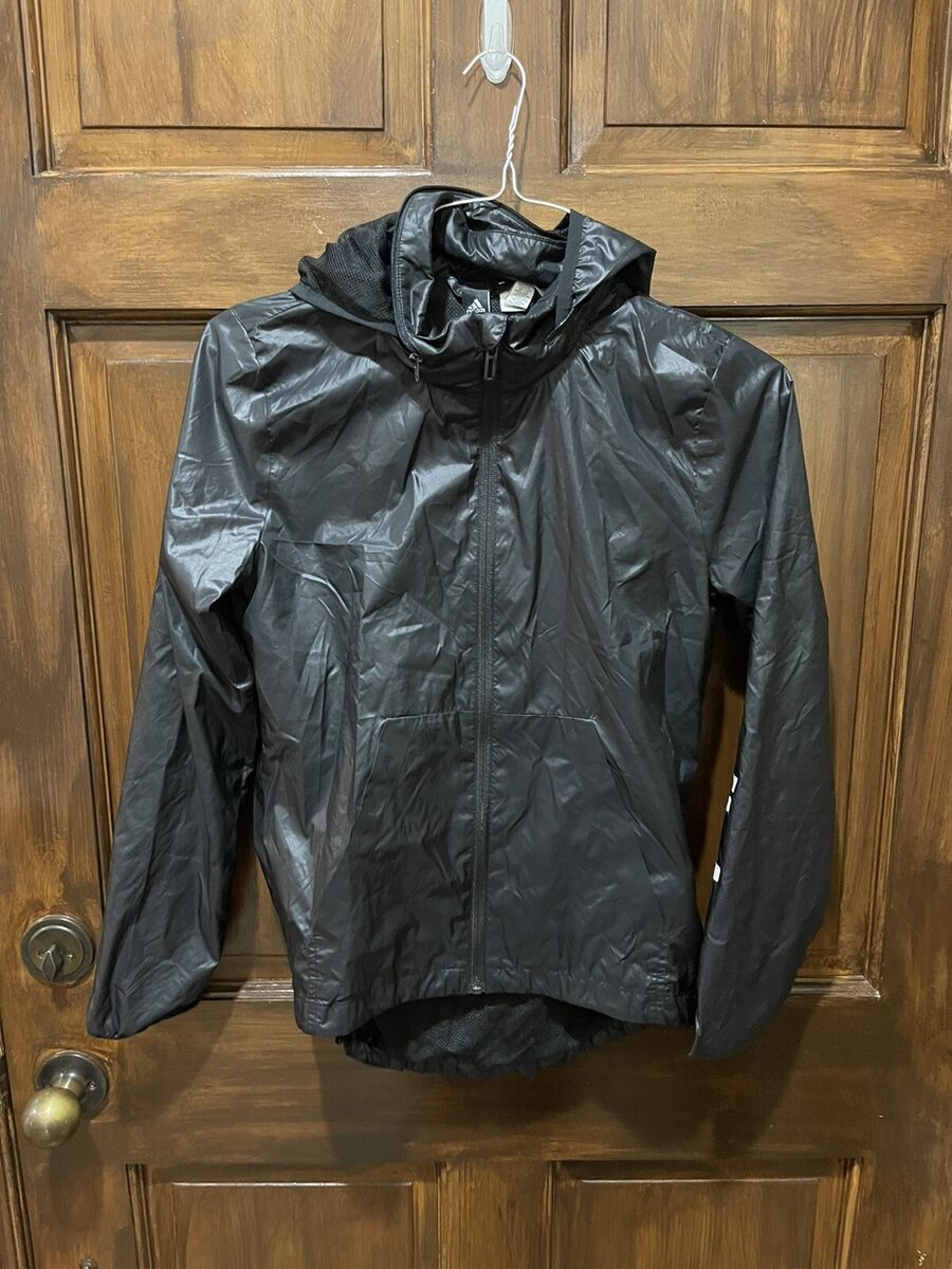 Adidas Womens XS Black Windbreaker Jacket Hidden Hoodie Arm Spellout BR1096 Adidas Womens XS Black Windbreaker Jacket Hidden Hoodie Arm Spellout BR1096