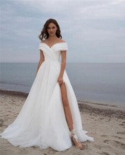 Simple A-line Organza Wedding Dresses Off Shoulder Beach Backless Bridal Gowns