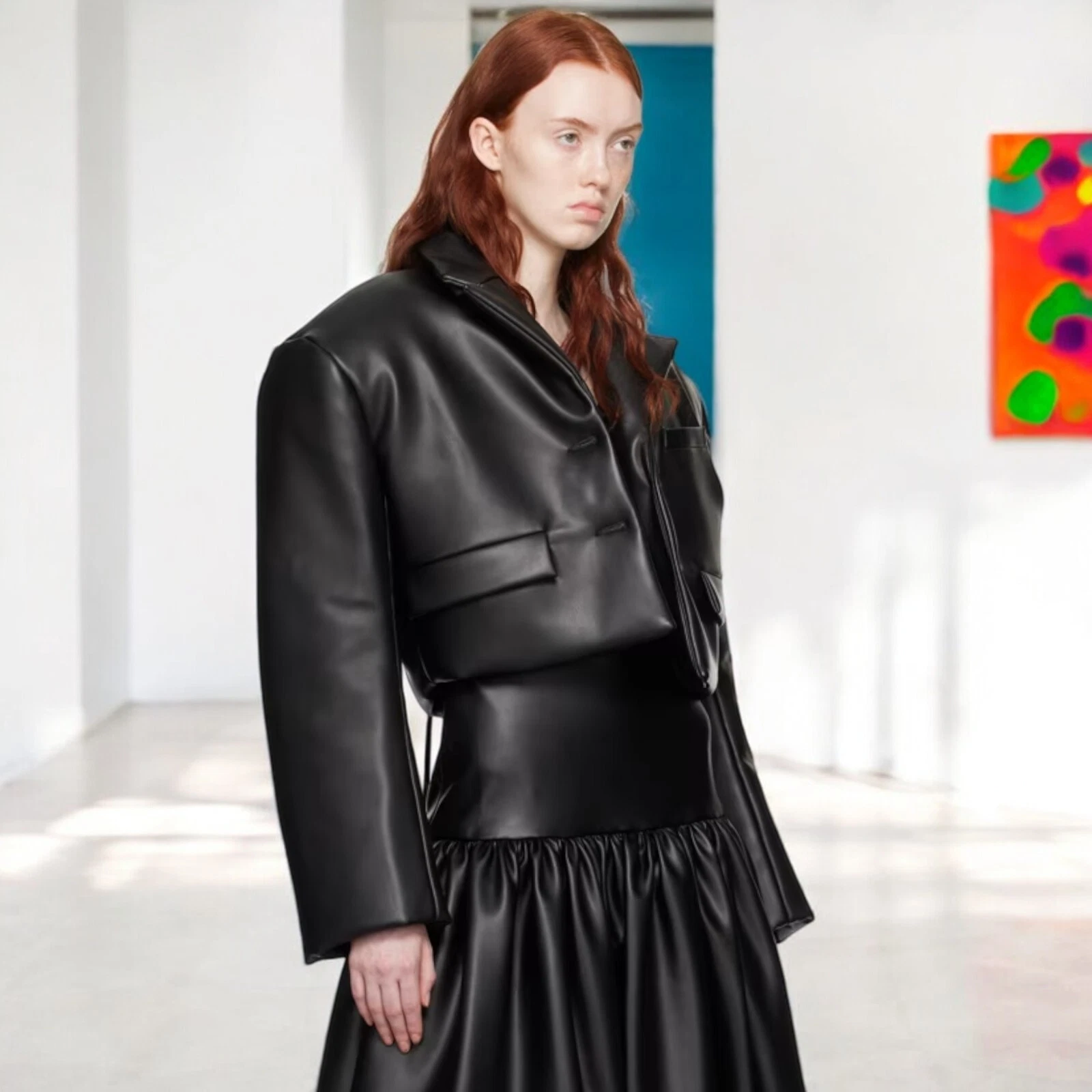 Yume Yume Vegan Faux Leather Cropped Arthur Puffy Coat Unisex Black Jacket M