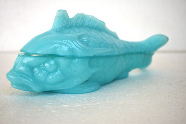 Vintage Vallerysthal Fish Covered Dish In Aqua Blue Milk Glass Butter Bowl Rare