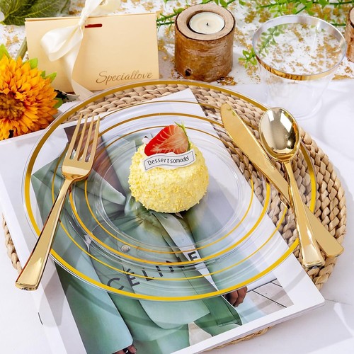 Complete Clear Gold Trim Dinnerware Set: 50 Plates, Cups & Silverware - 300 Pcs - Picture 10 of 10