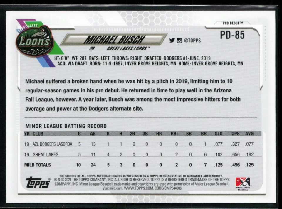 2021 Topps Pro Debut Autographs #PD-85 Michael Busch - Image 2 of 2