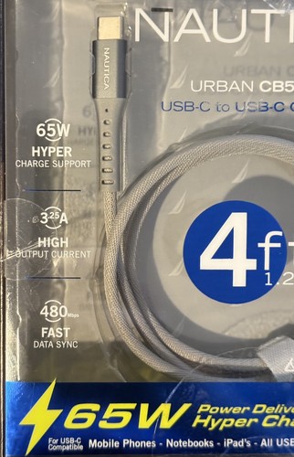 Nautica Urban 4ft Braided Gray USB-C To USB-C 65Watts Hyper Charge Cable * CB500 - Picture 4 of 7