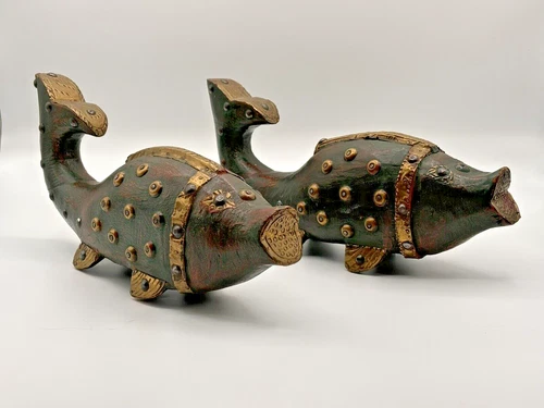 Wood + Brass Stud Lg Carved Fish Set 2 Hand Carved Figurine Distressed Green