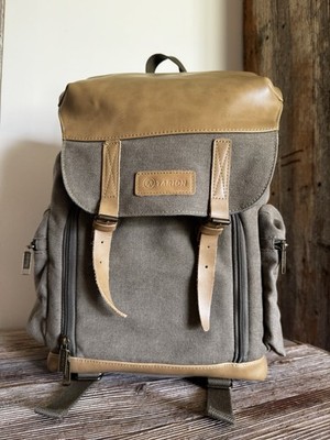 TARION Camera Backpack Canvas Leather Padded olive green and tan,  grey inside  