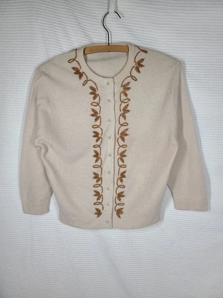 Cárdigan Suéter De Colección Años 50 Cuentas Cachemira Hoja Bronce Patrón Vid Perla 38 S/M Foto 2 de 4