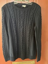 LL Bean Cable Knit Sweater 100 Cotton Size Medium Navy Blue VERY GOOD