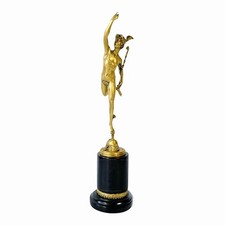 Statua Hermes Mercurio dio greco romano in bronzo dorato lucido su base in ma...
