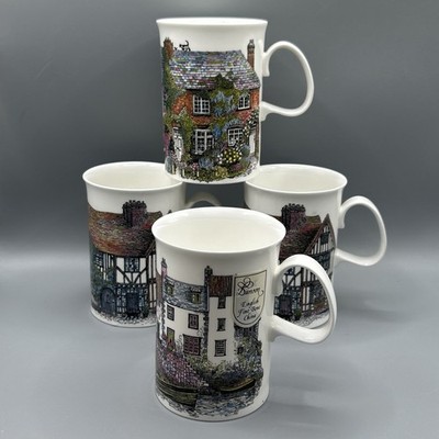 Set of 4 Dunoon Ceramics Cups Cottages Designed by Sue Scullard Fine Bone China