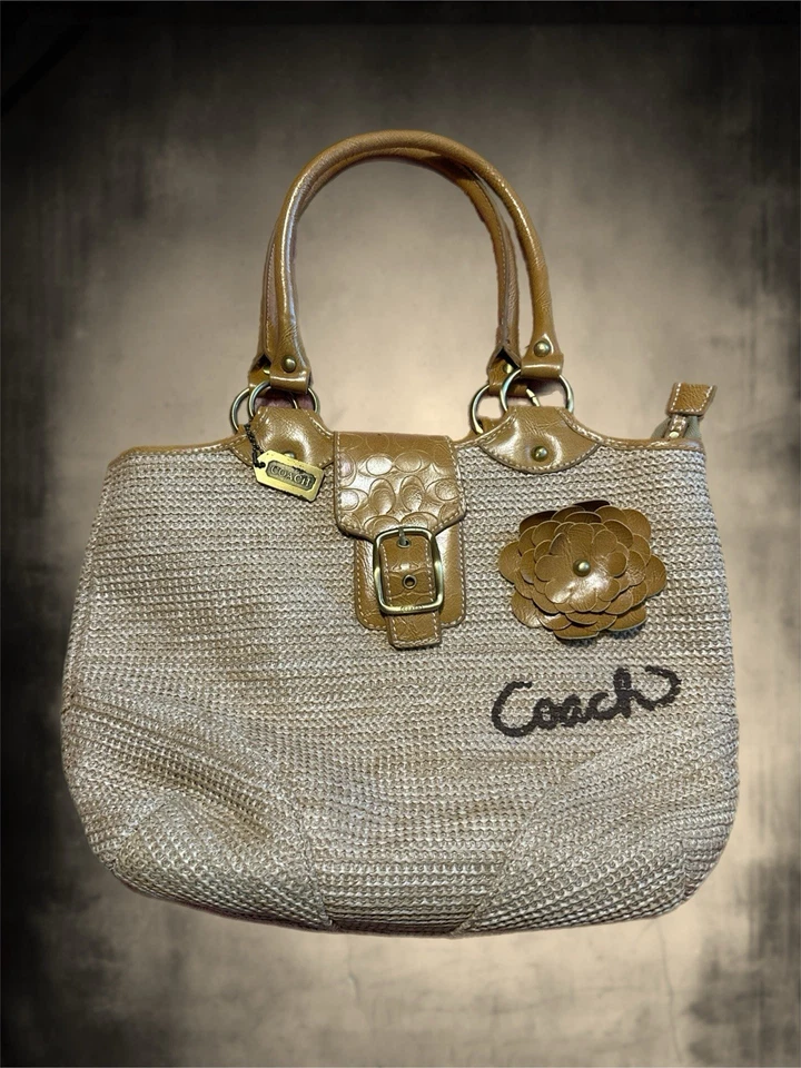 Coach No. De Colección 40725 Bolso de Mano/Bolso de Hombro de Verano Tejido de Paja Acentos de Cuero Tostado Foto 2 de 4