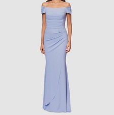 Xscape Women's Blue Ruched Off-Shoulder Long Gown Dress Size 6