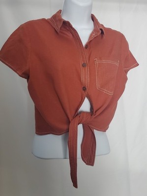 Rust Orange Linen Blend Tie Front Crop Top Medium Button Up Casual Shirt