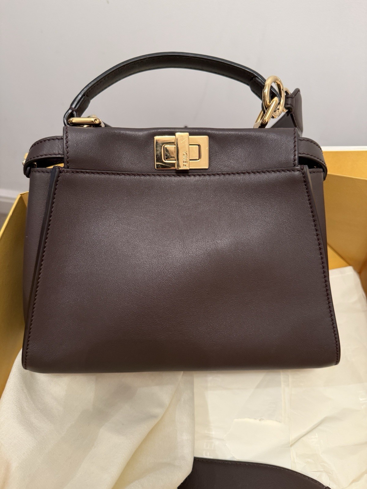 Fendi Peekaboo Iconic Mini Shoulder Bag Suede Chocolate