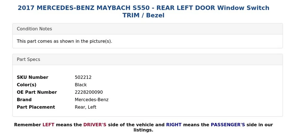 2017 MERCEDES-BENZ MAYBACH S550 - REAR LEFT DOOR Window Switch TRIM / Bezel - Image 3 of 4