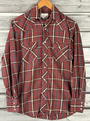 Vintage Wrangler Shirt Mens M Red Plaid Western Pearl Snap Flannel 90s