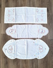 Vintage Embroidered White Linen Lace Floral Dresser Table Runners Doilies 3pc