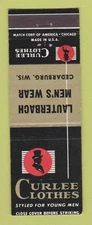 Matchbook Cover - Curlee Men's Clothes Lauterbach Cedarburg WI