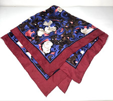 1990s Brushed Silk Floral 33" Square Scarf Cranberry Red Blue hand rolled