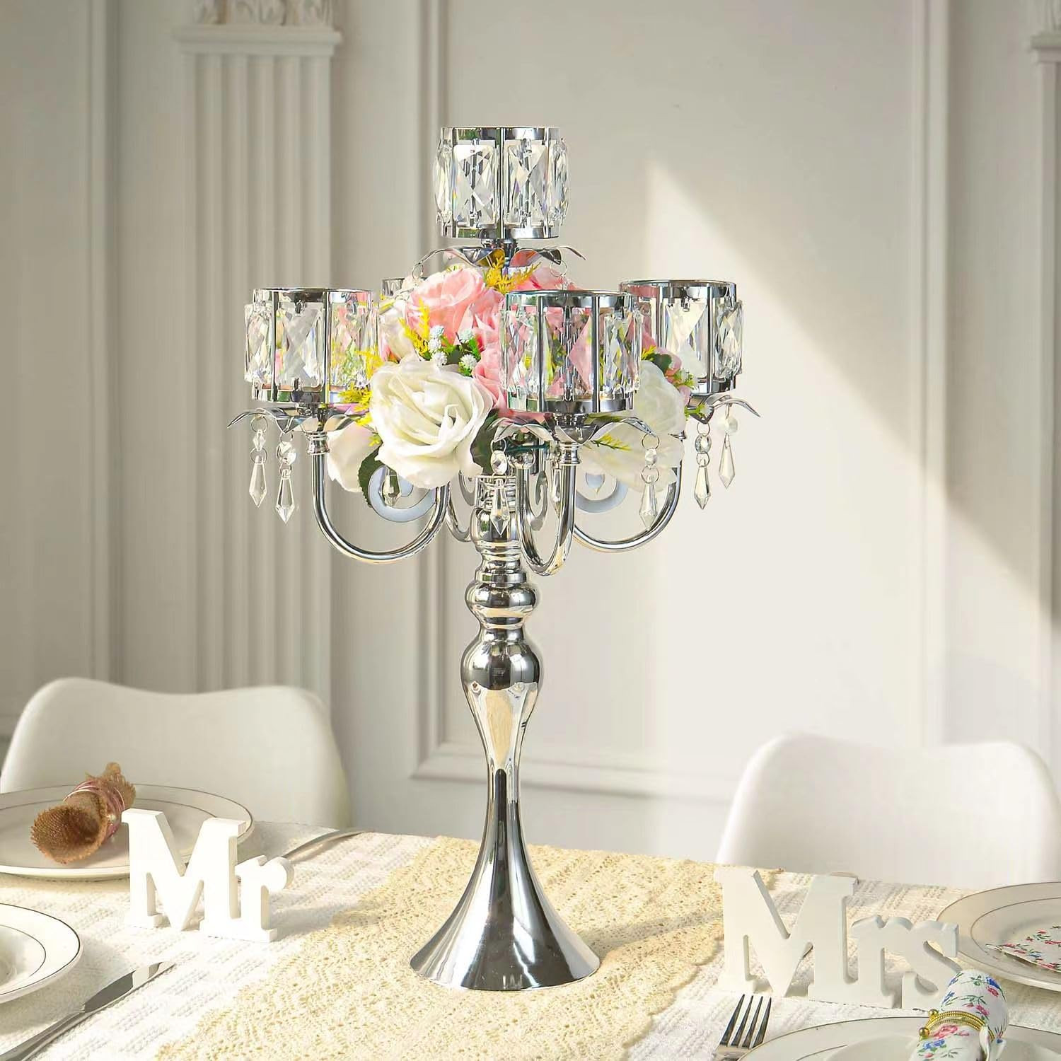 Elegant 5 Arm Silver Crystal Candle Holders - 22 Inch Table Centerpiece Set