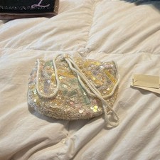 Women s Ivory Beaded Sequin Shoulder Bag Zip Closure Lined, Silver MAKE A OFFER