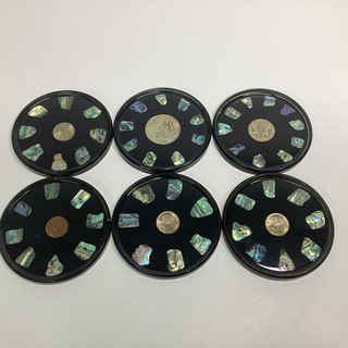 6x Paua Shell & NZ Coin Resin Coasters 9cm CV#610