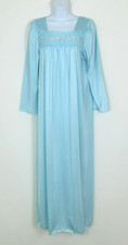 Vintage Vanity Fair Granny Nightgown Nylon Aqua Blue Lace Rosebuds Long Sleeve M