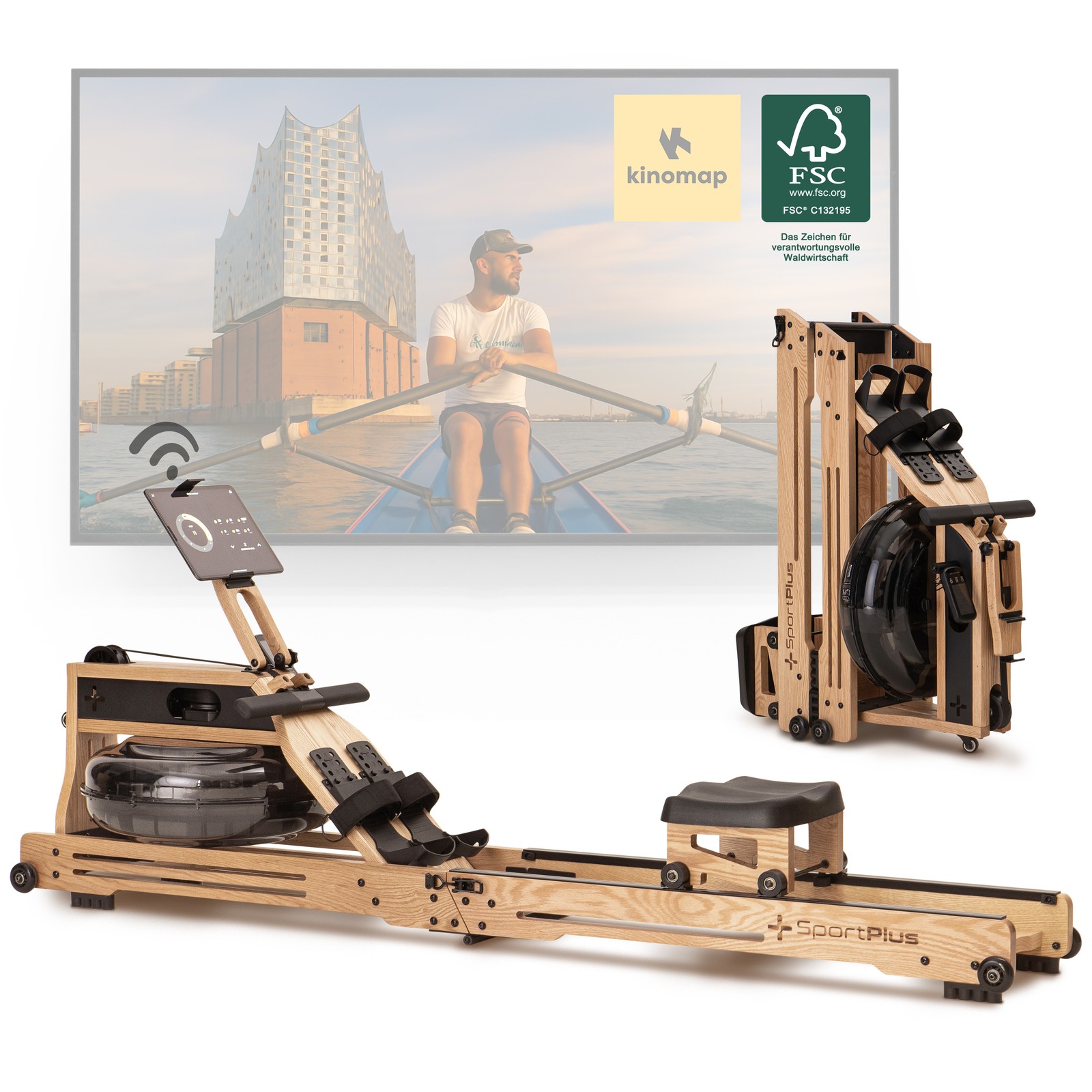 SportPlus Máquina de remo de agua de madera plegable para hogar, madera maciza natural (roble)