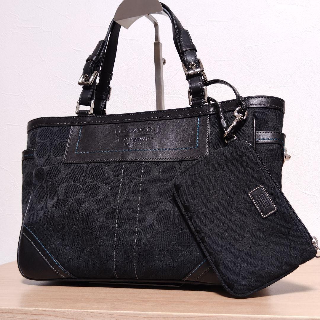 COACH Black Leather Canvas Signature Tote Bag A4 Size QO4IQI